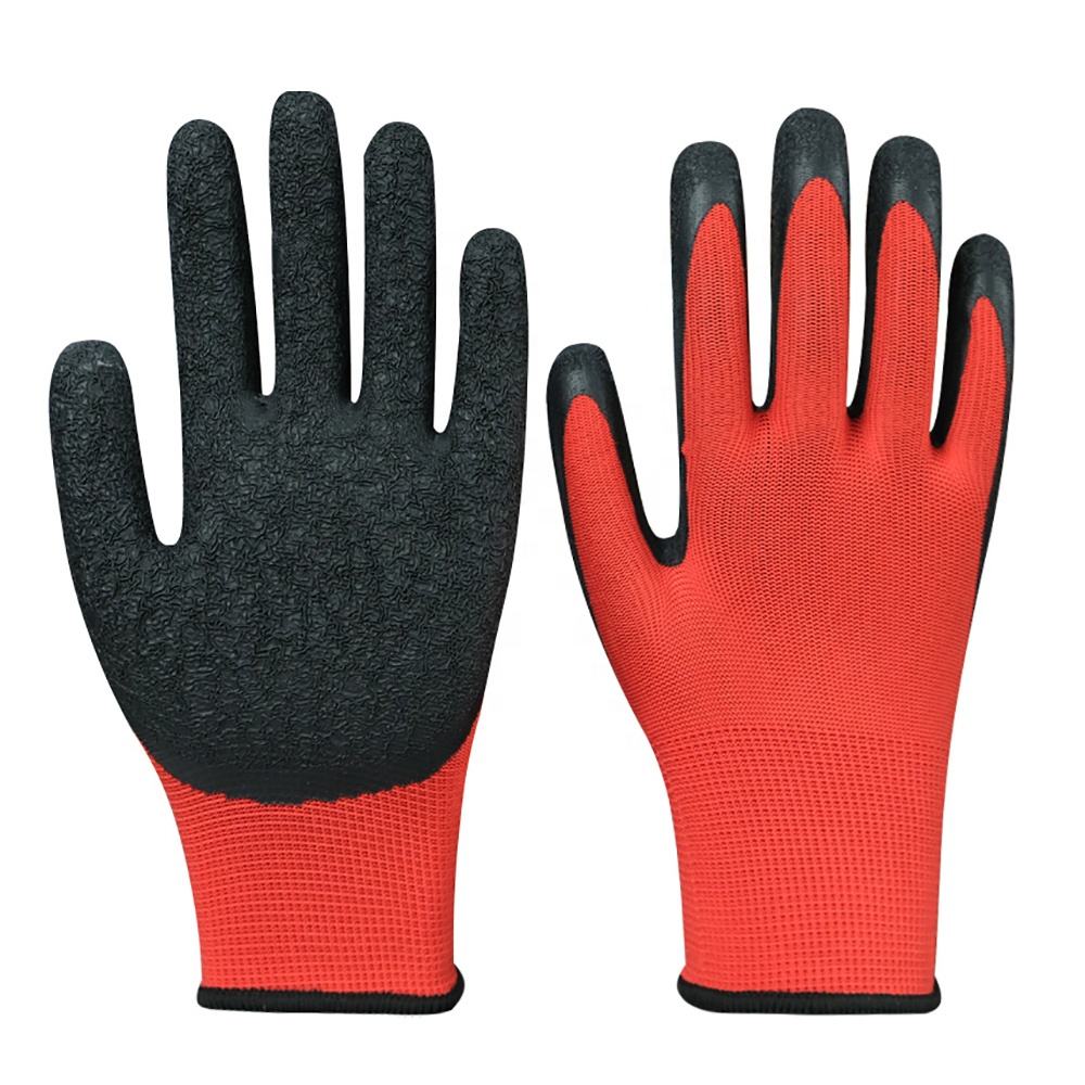 Găng tay sợi Polyester đỏ phủ nếp nhăn đen